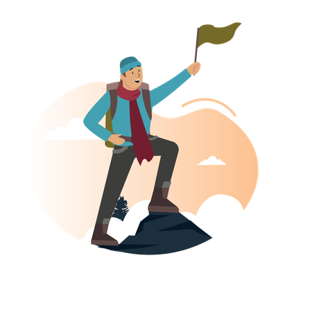 Male tourist holding flag on mountain  일러스트레이션
