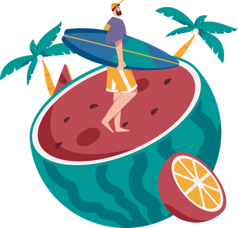 Male tourist holding surfboard  Illustration