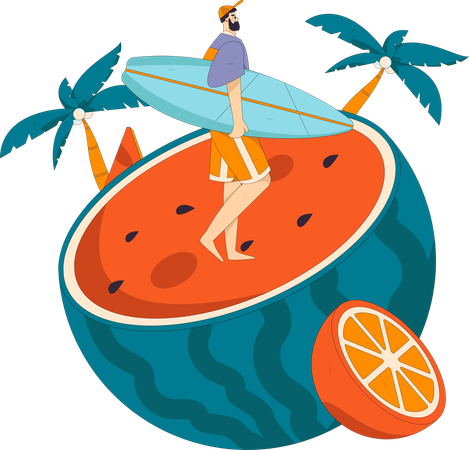 Male tourist holding surfboard  Illustration