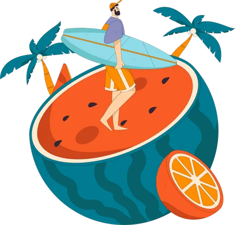 Male tourist holding surfboard  Illustration