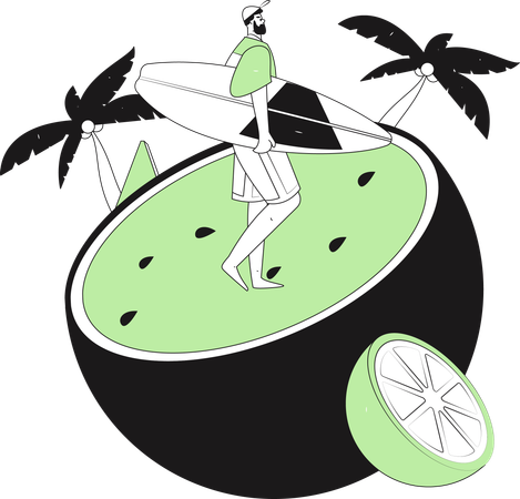Male tourist holding surfboard  Illustration