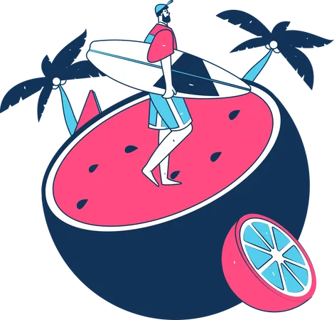 Male tourist holding surfboard  Illustration