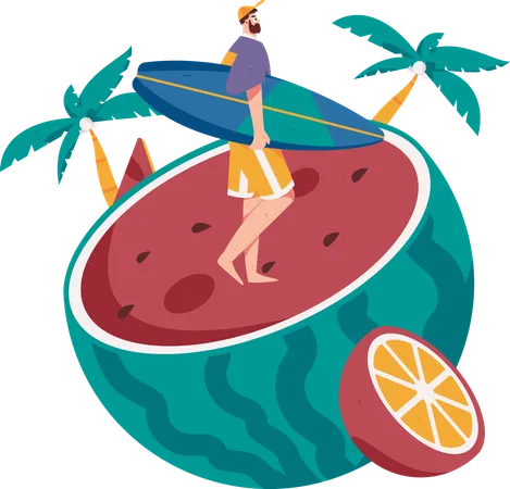 Male tourist holding surfboard  Illustration