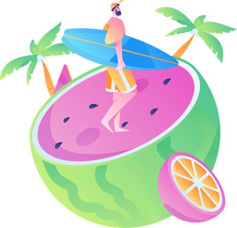 Male tourist holding surfboard  Illustration