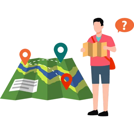 Male tourist looking at route on map  Illustration