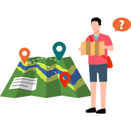 Male tourist looking at route on map  Illustration