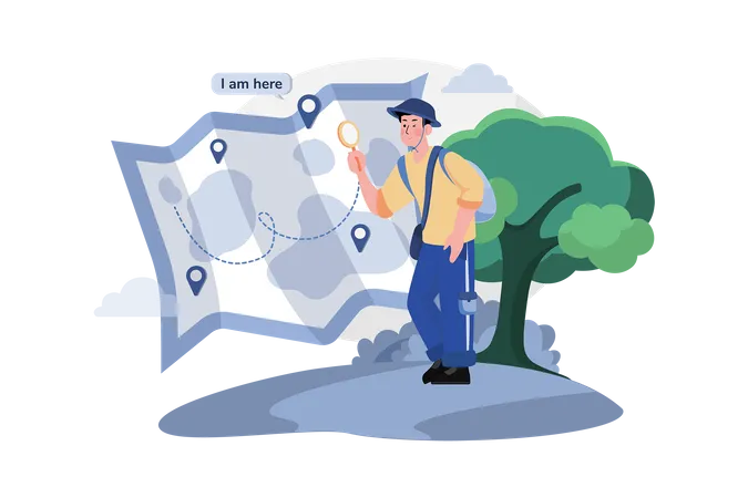 Male Passenger Is Looking For A Tourist Destination On The Map Illustration