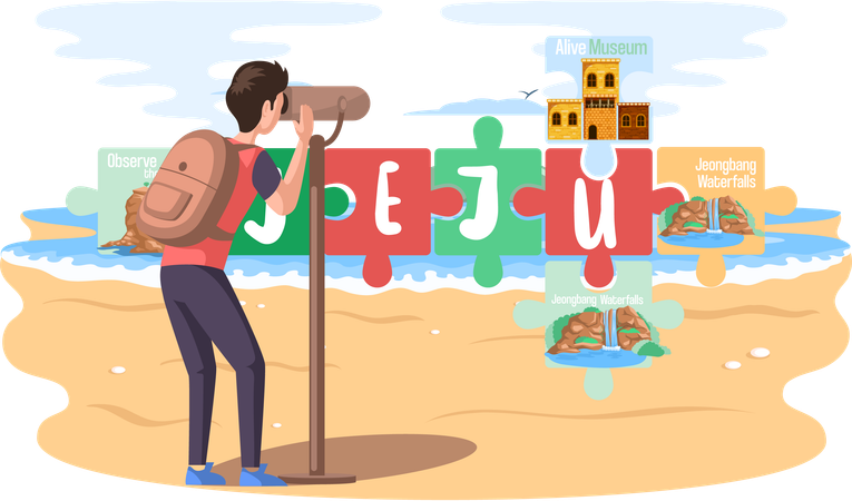 Male tourist looking through binoculars at sights at Jeju island in South Korea famous landmarks  Illustration