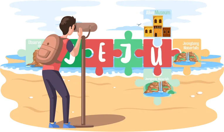Male tourist looking through binoculars at sights at Jeju island in South Korea famous landmarks  Illustration