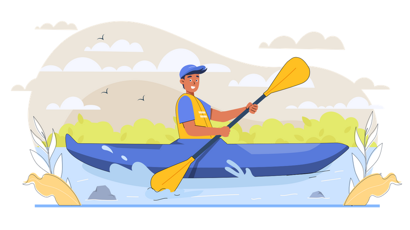 Male Tourist Rowing in Kayak  Illustration