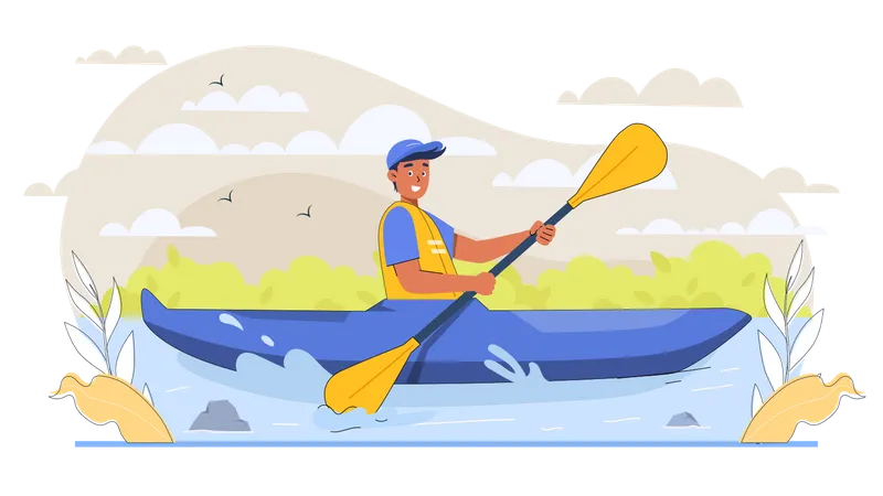 Male Tourist Rowing in Kayak  일러스트레이션