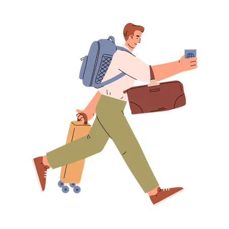Running Man With Suitcases Backpack And Passport Flat Style Vector Illustration Isolated Character Rushing To Flight Travel Or Business Trip Decorative Design Element Illustration