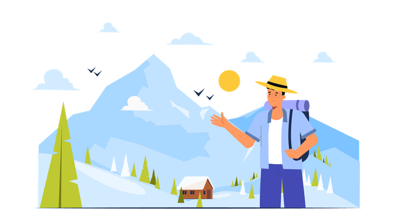 Male Tourist showing winter trekking location  Illustration