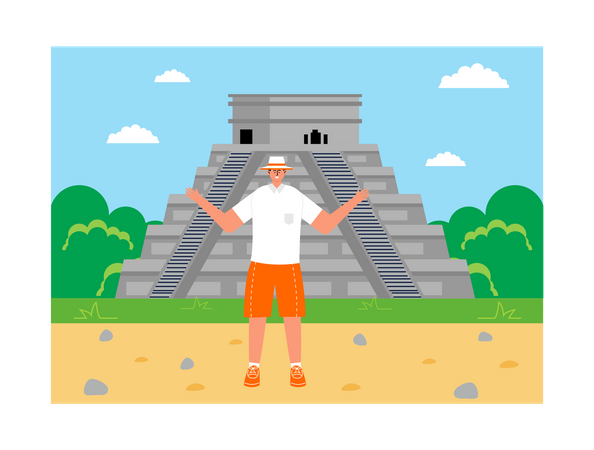 Male tourist standing at El Castillo  Illustration