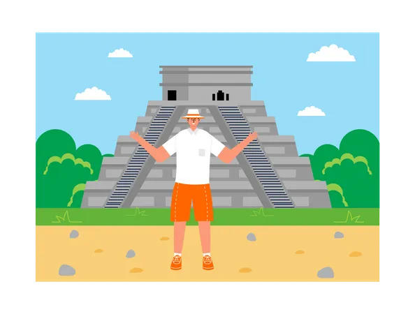 Male tourist standing at El Castillo  Illustration