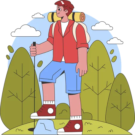 Male tourist standing with trekking stick and backpack  Illustration