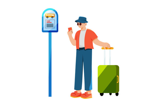 Male tourist waiting at the bus stop  Illustration