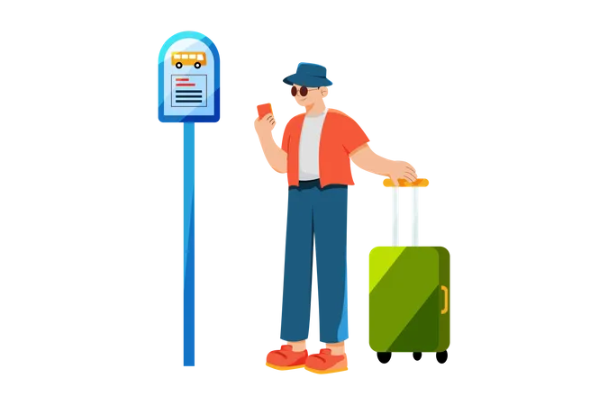Male tourist waiting at the bus stop  Illustration