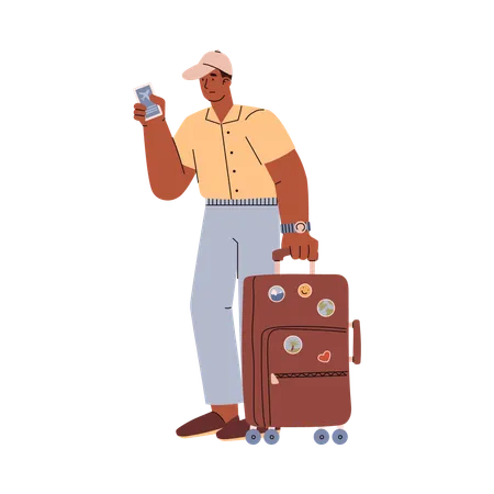 Worried Man In Cap With Suitcase Holding Plane Ticket Flat Style Vector Illustration Isolated Travel And Journey Departure Decorative Design Element Illustration