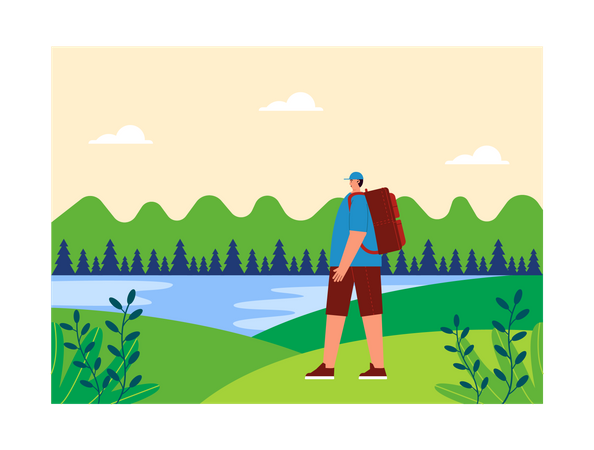 Male tourist walking with backpack  Illustration