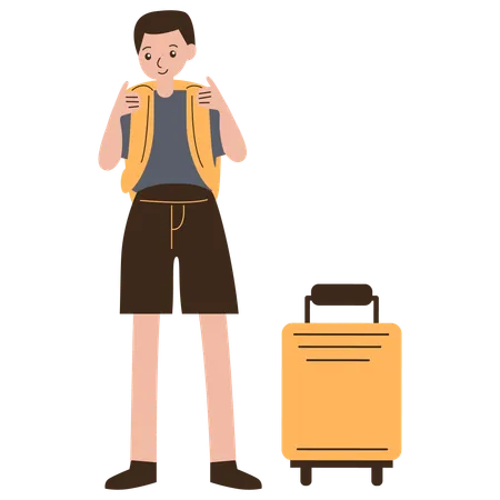 Male Tourist with Backpack and Suitcase  Illustration