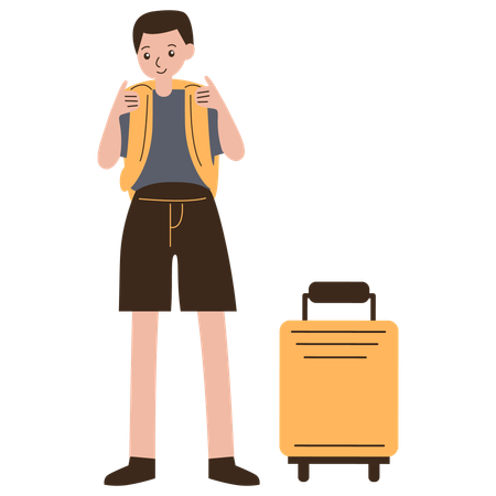 Male Tourist with Backpack and Suitcase  Illustration