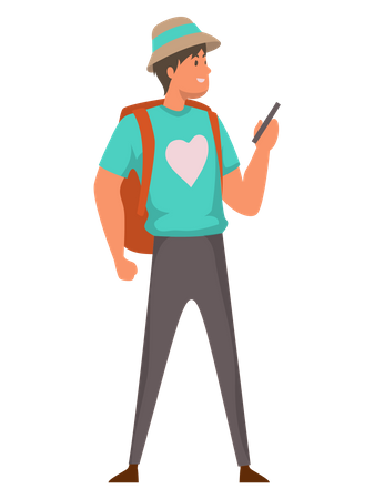 Male tourist with backpack holding phone Illustration