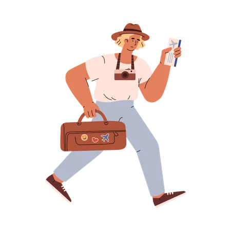 Man With Bag Photo Camera And Ticket In His Hands Is In A Hurry And Runs To Board The Airplane Travel By Plane Concept Vector Isolated Illustration Of Disproportionate Line Art Characters Illustration