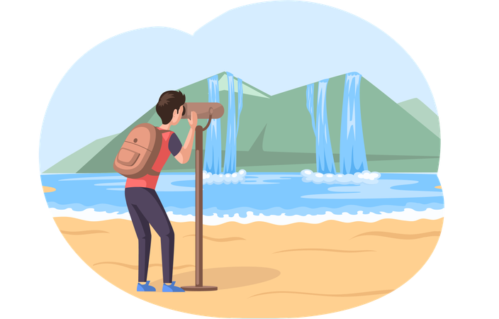 Male tourist with binoculars stands on sand beach and looks at mountain and waterfall during travel  Illustration