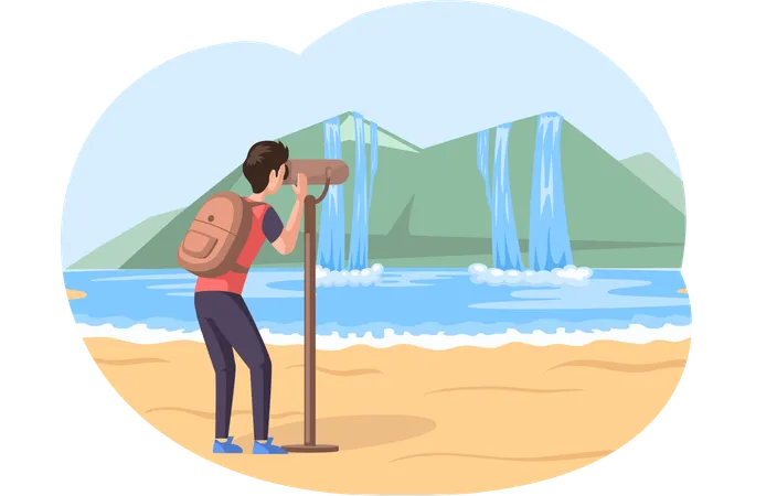 Male tourist with binoculars stands on sand beach and looks at mountain and waterfall during travel  Illustration