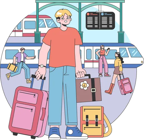 Boy standing on railway station with luggage  Illustration