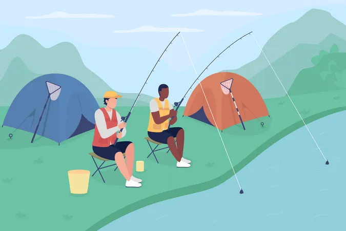 Male Tourists Fishing  Illustration