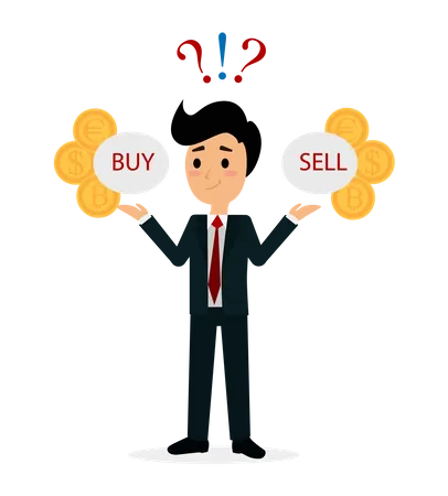 Male trader confused between buy or sell  Illustration
