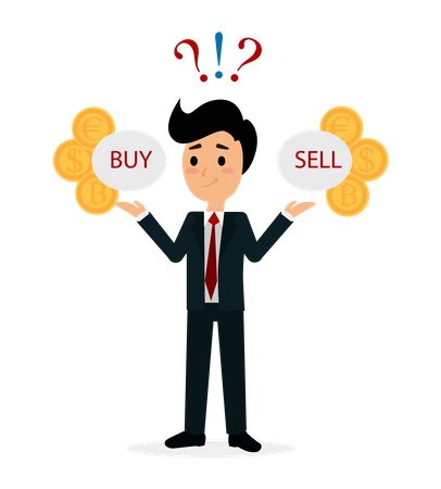 Male trader confused between buy or sell  Illustration