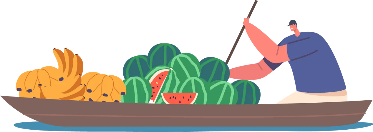 Male Trader Floating on Boat Sell Banana and Watermelon Fruit at Water Market in Thailand  Illustration