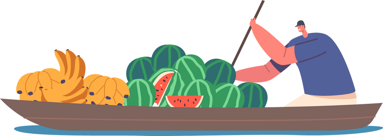 Male Trader Floating on Boat Sell Banana and Watermelon Fruit at Water Market in Thailand  Illustration