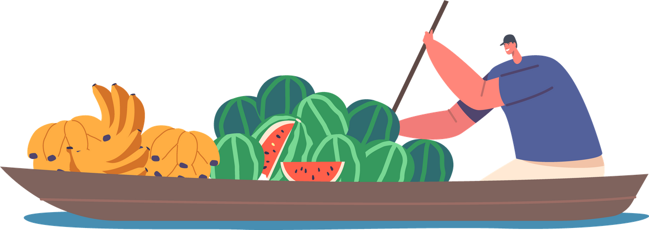 Male Trader Floating on Boat Sell Banana and Watermelon Fruit at Water Market in Thailand  일러스트레이션