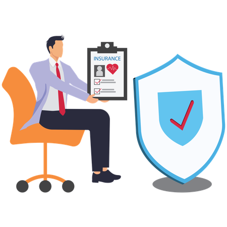 Male trader holding insurance policies with both hands behind shield  Illustration