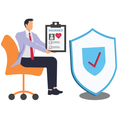 Male trader holding insurance policies with both hands behind shield  Illustration