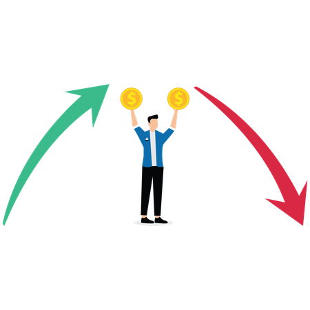 양손에 금화를 들고 위쪽 화살표와 아래쪽 화살표 사이에 서 있는 남성 상인  일러스트레이션