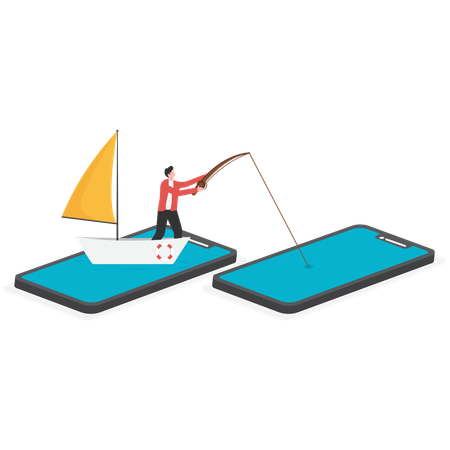 Male traders sitting in boat fishing on smartphone  Illustration