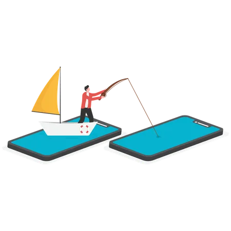 Male traders sitting in boat fishing on smartphone  Illustration