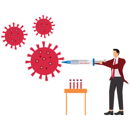 Male traders syringe to fight huge viruses  Illustration