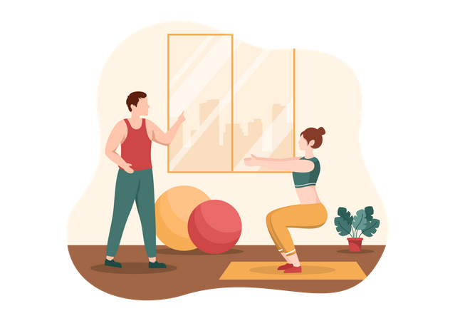 Male trainer teaching gym exercise to woman Illustration