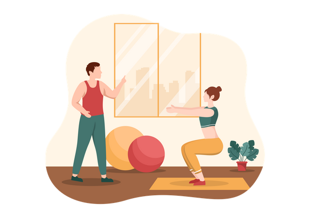 Male trainer teaching gym exercise to woman  Illustration