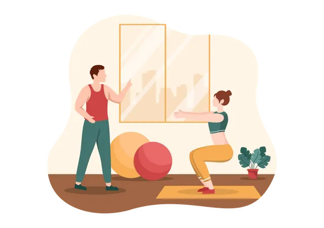 Male trainer teaching gym exercise to woman  Illustration