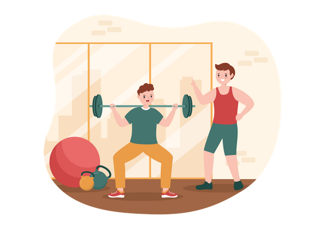 Male trainer training boy at gym Illustration