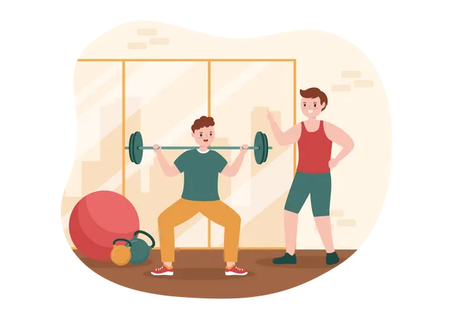 Male trainer training boy at gym  Illustration