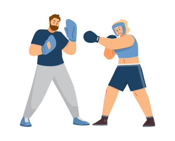Male trainer training female boxer in dynamic  Illustration