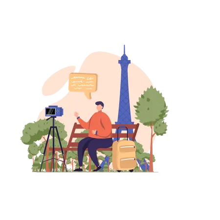 Male travel vlogger shooting video  Illustration